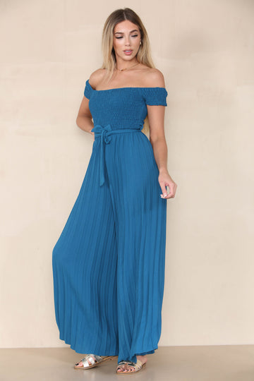 KATCH ME Women's Trendy Plain Off The Shoulder Waist Tie Pleated Jumpsuit Dresses